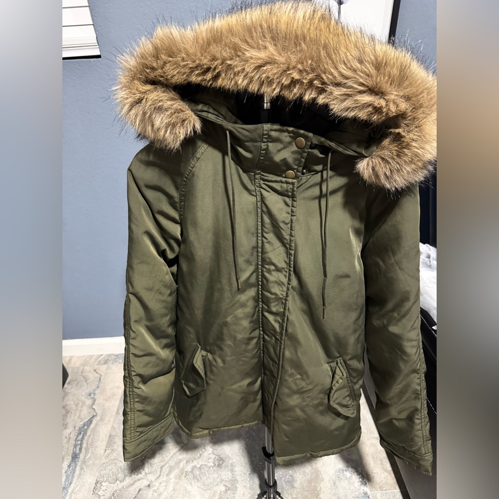 Old Navy Olive Puffer Jacket with Faux Fur Hood